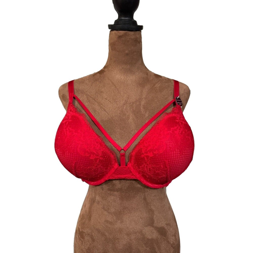 Victoria’s Secret Bombshell Plunge Bra Lipstick Red Lace Strappy Push Up 36 DD